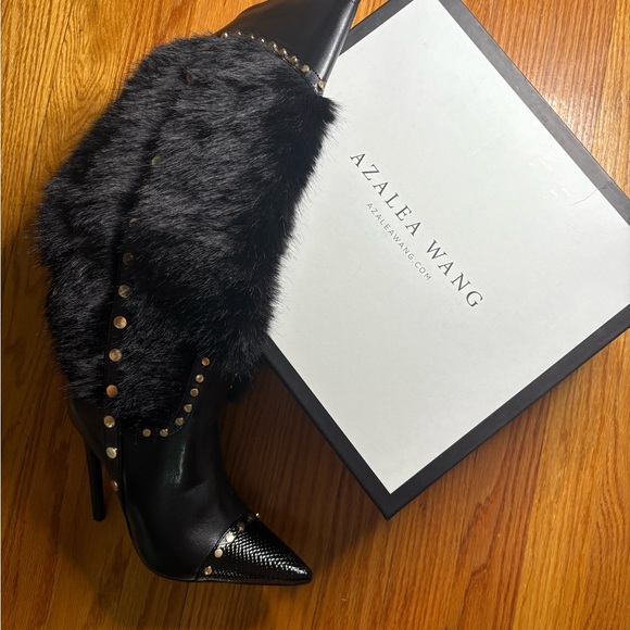 Azalea Wang Studded Faux Fur Stiletto Boots — Black — Glam Statement Heels w/Box - Picture 4 of 6